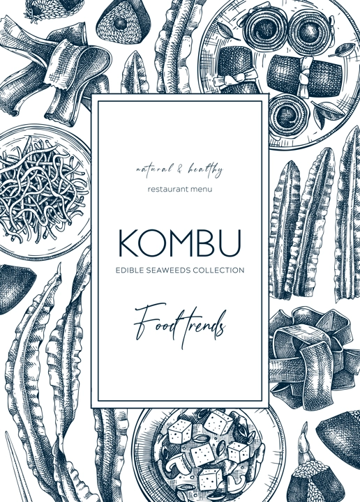 Hand-drawn Kombu frame design. Edible seaweed flyer template. Sea vegetable illustrations. Healthy food  and ingredients vector background. For Japanese cuisine, restaurant menu design, packaging.